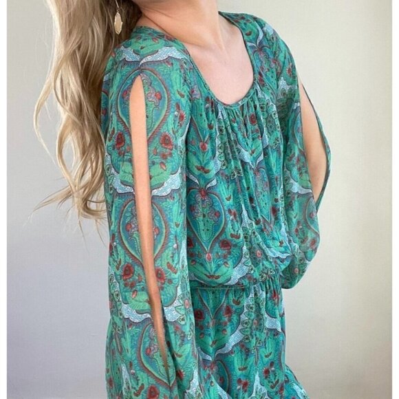 Chelsea & Violet Sz S Split Sleeve Shift Tunic Dress Blouson Paisley Print Green - Picture 10 of 13
